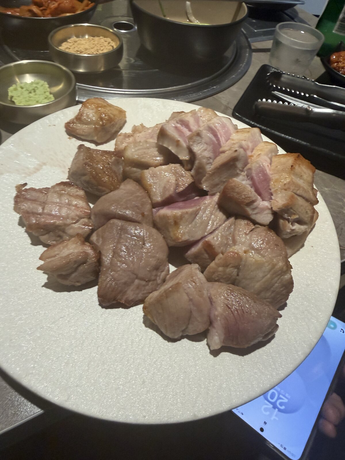 The big pork platter: moksal and samgyeopsal, cut and ready to share.